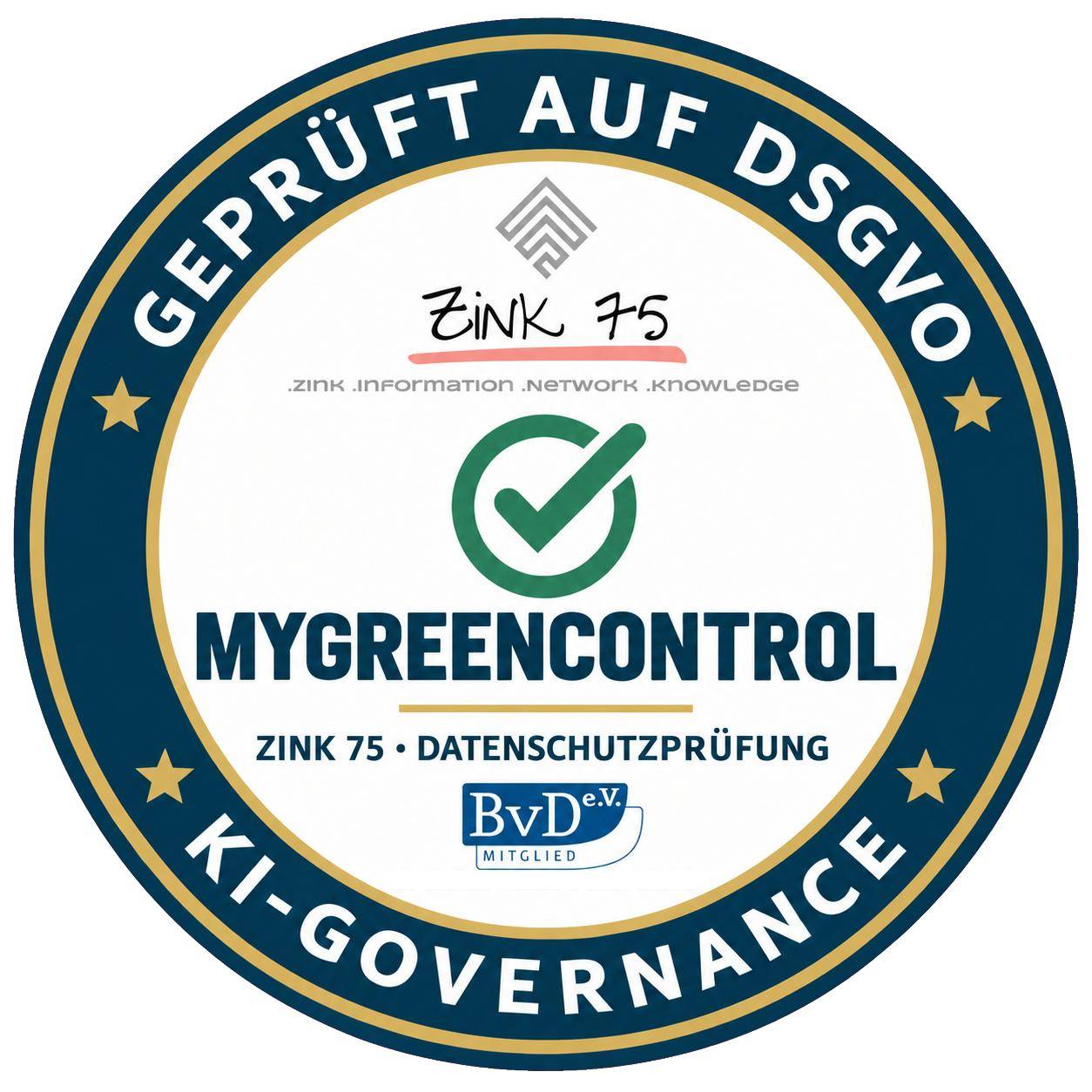 Prüfsiegel: geprüft auf DSGVO und KI-Governance durch die Zink 75 GmbH, Mitglied im BvD e. V.